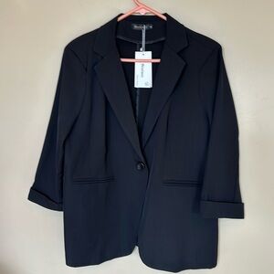 NWT Black blazer 1 button front collar 3/4 sleeves satin texture pockets XL